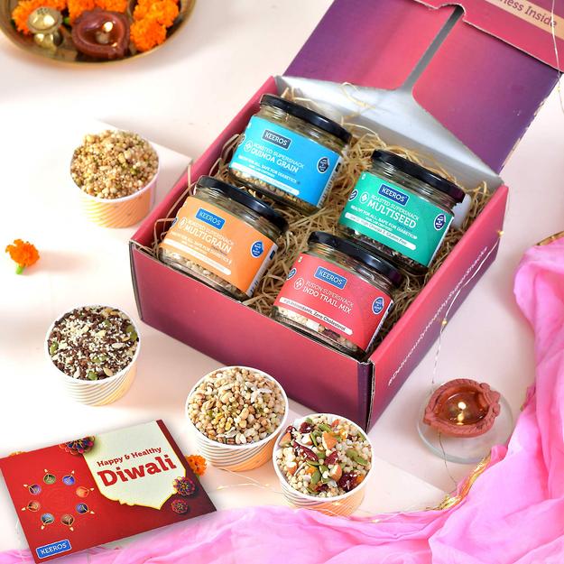 Keeros Healthy Diwali Gift Hamper for Friends & Family | Combo of Sweet & Salted, Tasty & Nutritious Super Snacks in Glass Jars Packed in a Beautiful Gift Hamper