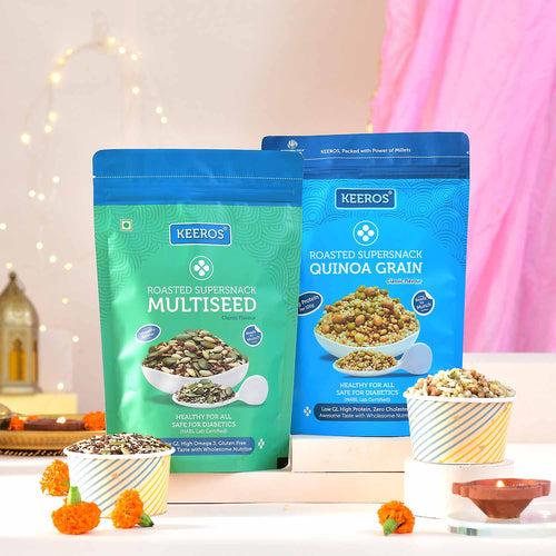 Keeros Healthy Diwali Snacks Gift Hamper: Combo of Sweet & Salted, Tasty & Nutritious Roasted Super Snacks in Beautiful Premium Gift Pack | Combo of 4 Healthy Super Snacks with Diwali Card