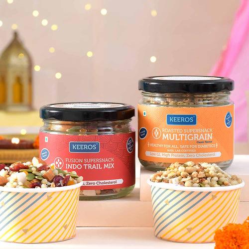 Keeros Healthy Diwali Snacks Gift Hamper: Combo of Sweet & Salted, Tasty & Nutritious Roasted Super Snacks in Beautiful Premium Gift Pack | Combo of 4 Healthy Super Snacks with Diwali Card