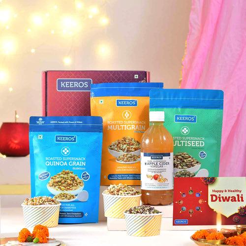 Keeros Healthy Diwali Gift Hamper for Friends & Family | Combo of Sweet & Salted, Tasty & Nutritious Snacks & Drink in a Premium Gift Pack for Diwali