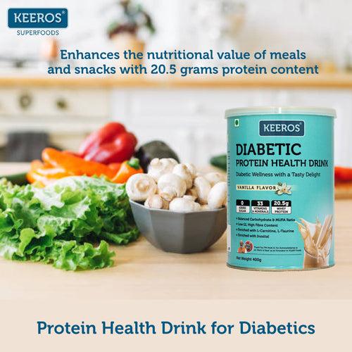 Keeros Diabetic Protein Nutrition Drink 400g - Vanilla Flavor | Diabetic Friendly, High Fiber, Balanced Carbohydrate & MUFA | General Health Benefits with DHA | Nutrient-Rich Supplement for Overall Wellness