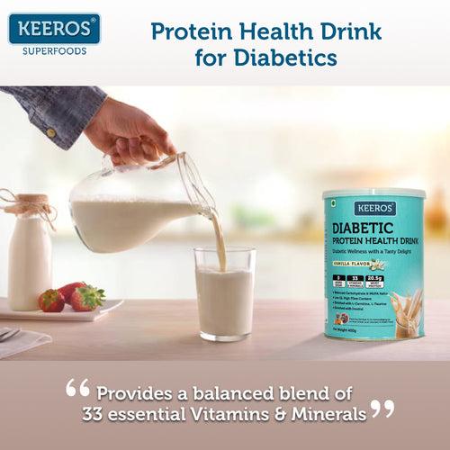 Keeros Diabetic Protein Nutrition Drink 400g - Vanilla Flavor | Diabetic Friendly, High Fiber, Balanced Carbohydrate & MUFA | General Health Benefits with DHA | Nutrient-Rich Supplement for Overall Wellness