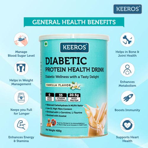 Keeros Diabetic Protein Nutrition Drink 400g - Vanilla Flavor | Diabetic Friendly, High Fiber, Balanced Carbohydrate & MUFA | General Health Benefits with DHA | Nutrient-Rich Supplement for Overall Wellness