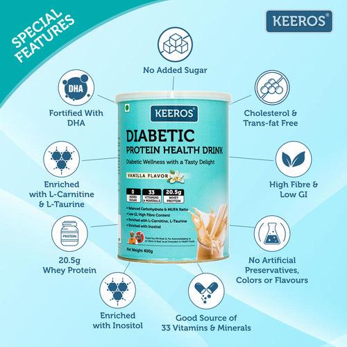 Keeros Diabetic Protein Nutrition Drink 400g - Vanilla Flavor | Diabetic Friendly, High Fiber, Balanced Carbohydrate & MUFA | General Health Benefits with DHA | Nutrient-Rich Supplement for Overall Wellness