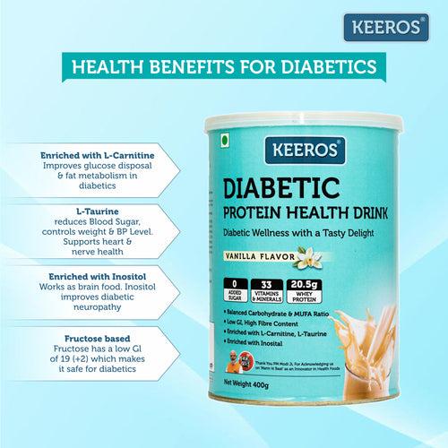 Keeros Diabetic Protein Nutrition Drink 400g - Vanilla Flavor | Diabetic Friendly, High Fiber, Balanced Carbohydrate & MUFA | General Health Benefits with DHA | Nutrient-Rich Supplement for Overall Wellness