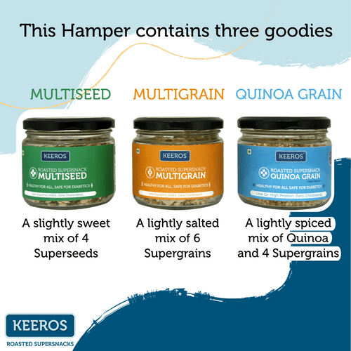 Keeros Healthy Holi Gift Hamper with Card : Combo of Sweet & Salted, Tasty & Nutritious Super Snacks in Glass Jars Packed in a Premium Gift Box