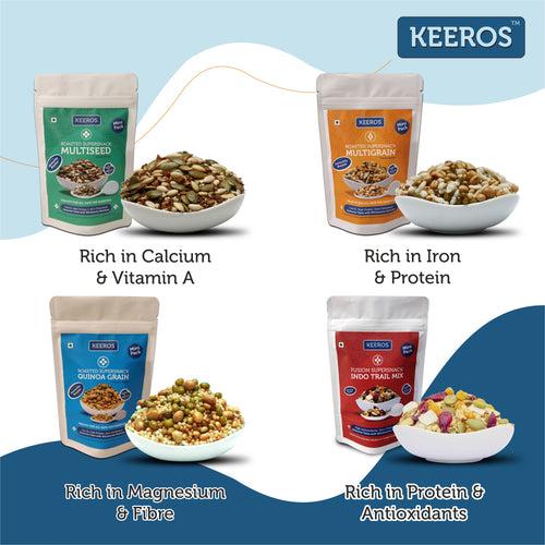 Keeros Healthy Holi Gift Hamper with Card : Combo of Sweet & Salted,Tasty & Nutritious Snacks in a Classy Premium Gift Box | 4 Healthy Snack Pouches of 35g to 50g