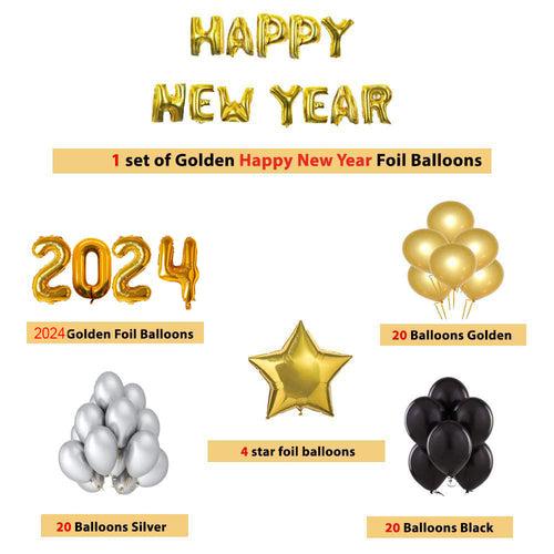 Golden Happy New Year 2024 Foil Balloon Kit DIY Decoration Party Kit - 81 Pcs