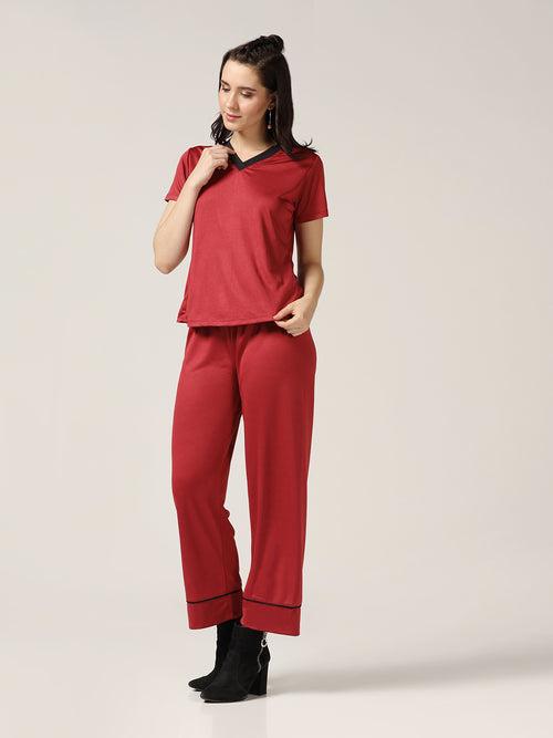 Lazy day Cord-Set With Comfort T-shirt & Pyjama - Maroon