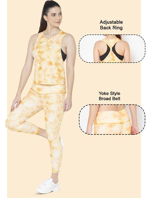 Pair of High Waist Yoke Belt Printed Workout Tight & Bone Dry Ring Vest – Yellow