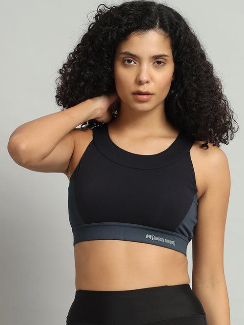 High Impact Boat neck Sports Bra - Black & Grey