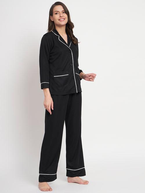 Button Down Shirt And Pyjama Set - Black