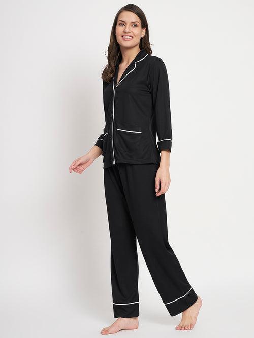 Button Down Shirt And Pyjama Set - Black