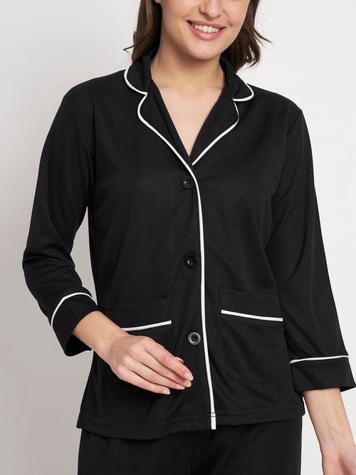 Button Down Shirt And Pyjama Set - Black