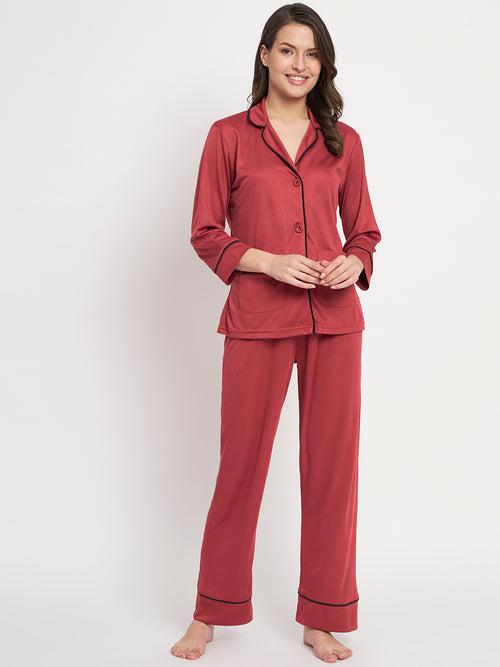 Button Down Shirt And Pyjama Set - Maroon