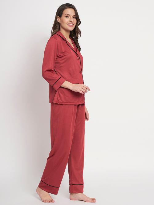 Button Down Shirt And Pyjama Set - Maroon