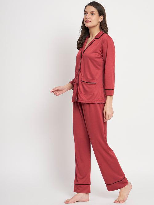 Button Down Shirt And Pyjama Set - Maroon