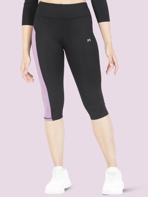 Bone-Dry Medium Waist Capri With Side Purple Panel  - Black & Purple