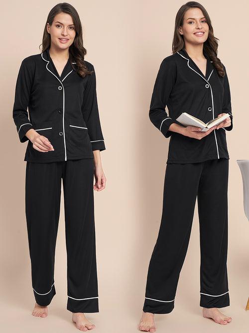 Button Down Shirt And Pyjama Set - Black