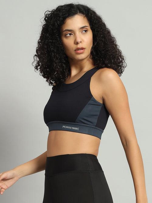 High Impact Boat neck Sports Bra - Black & Grey