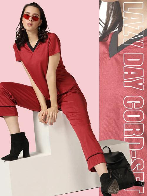 Lazy day Cord-Set With Comfort T-shirt & Pyjama - Maroon