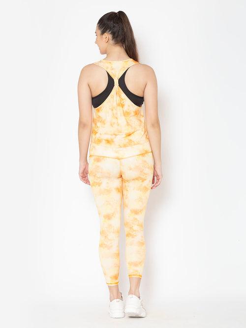 Pair of High Waist Yoke Belt Printed Workout Tight & Bone Dry Ring Vest – Yellow