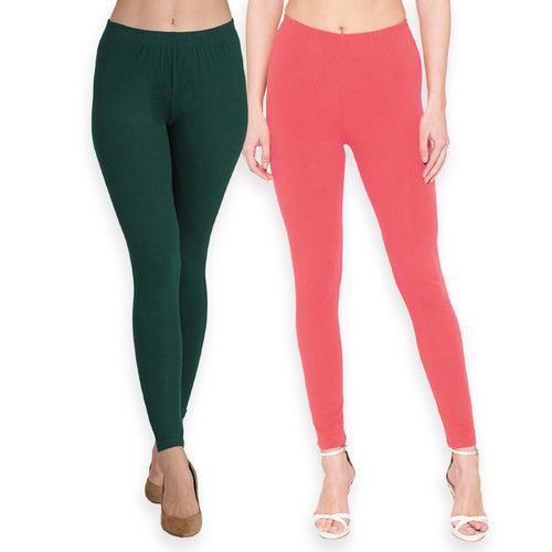 Groversons Paris Beauty Women's Pack of 2 Regular Leggings (BOTTLE GREEN & CORAL)