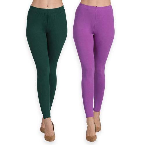 Groversons Paris Beauty Women's Pack of 2 Regular Leggings (BOTTLE GREEN & LAVENDER)