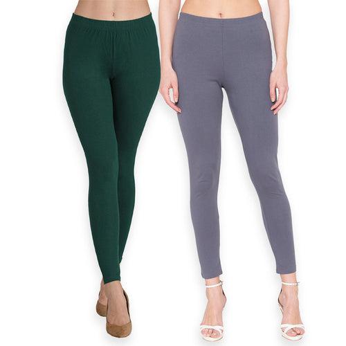 Groversons Paris Beauty Women's Pack of 2 Regular Leggings (BOTTLE GREEN & STEEL GREY)