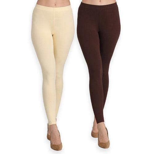 Groversons Paris Beauty Women's Pack of 2 Regular Leggings (BUTTER & COFFEE)