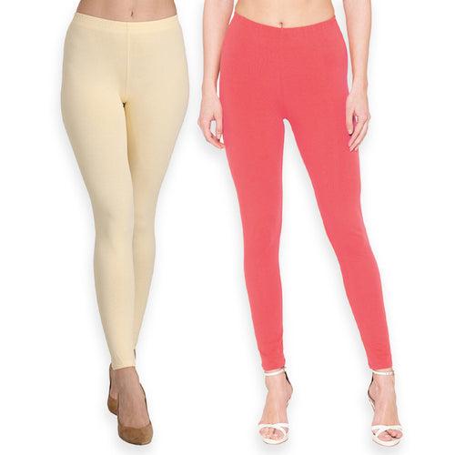 Groversons Paris Beauty Women's Pack of 2 Regular Leggings (BUTTER & CORAL)