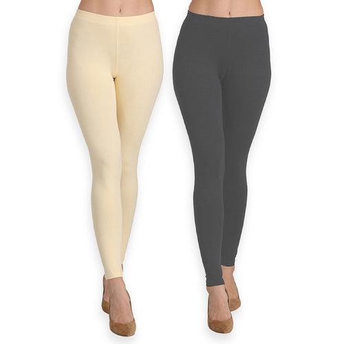 Groversons Paris Beauty Women's Pack of 2 Regular Leggings (BUTTER & DARK GREY)