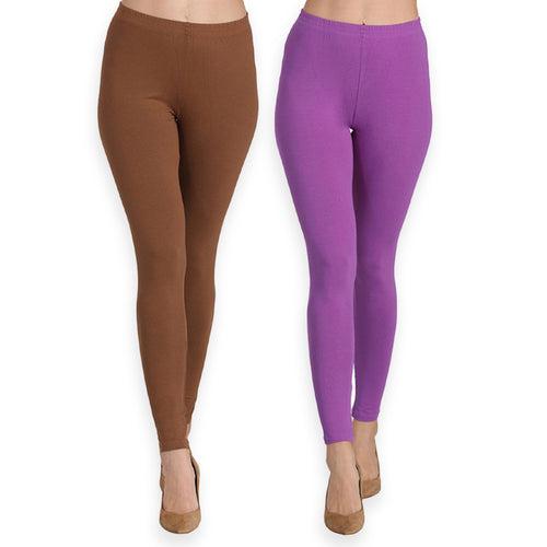 Groversons Paris Beauty Women's Pack of 2 Regular Leggings (CADBURRY & LAVENDER)