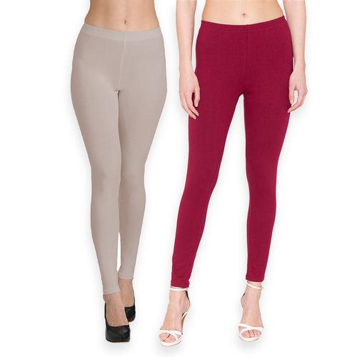 Groversons Paris Beauty Women's Pack of 2 Regular Leggings (CEMENT & MAROON)