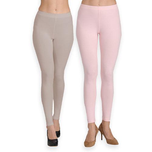 Groversons Paris Beauty Women's Pack of 2 Regular Leggings (CEMENT & PINK)