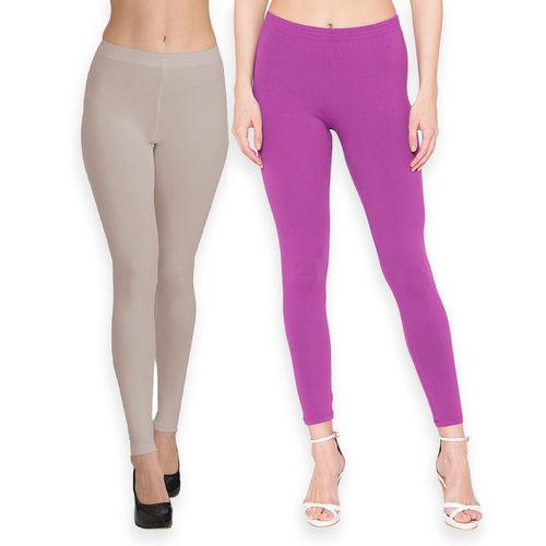 Groversons Paris Beauty Women's Pack of 2 Regular Leggings (CEMENT & STRIKING PURPLE)