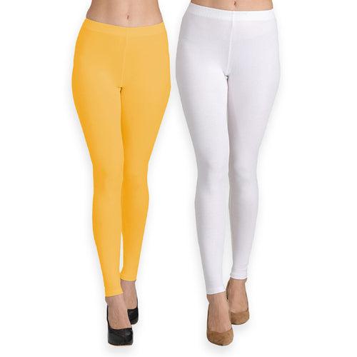 Groversons Paris Beauty Women's Pack of 2 Regular Leggings (MUSTURD GOLD & WHITE)