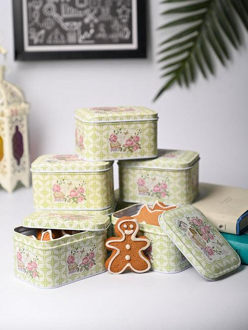 Floral Tin Storage Box Container  - Set Of 6, Green