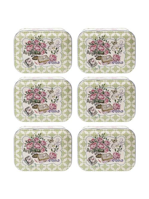 Floral Tin Storage Box Container  - Set Of 6, Green