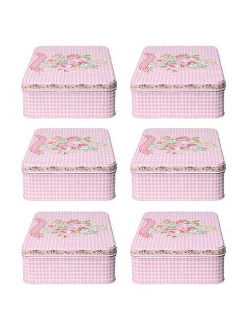 Floral Tin Storage Box Container  - Set Of 6, Pink & White