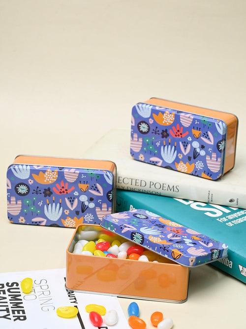 Mini Floral Tin Storage Box Of 3, Blue