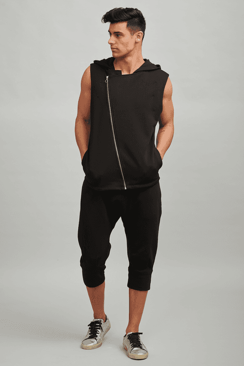 Sleeveless Cross Zip Hoodie Crop Jogger Set