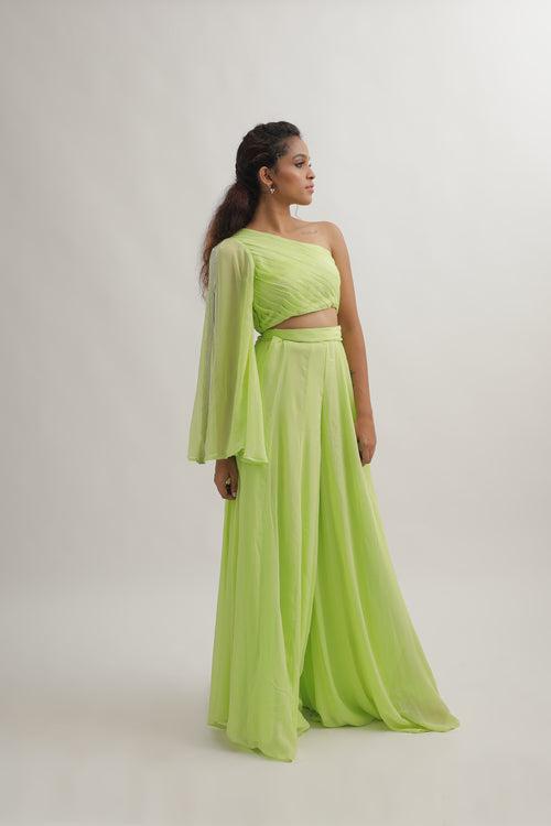 MINT GREEN PLEATED ONE SHOULDER TOP WITH FLARED PANTS