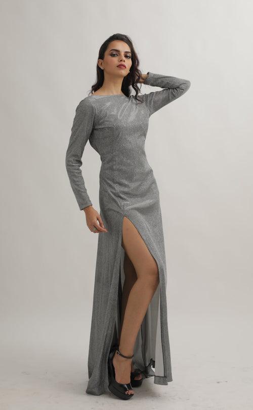 ASH GREY SEQUINS PARTY SIDE  SLIT DRESSPANTS