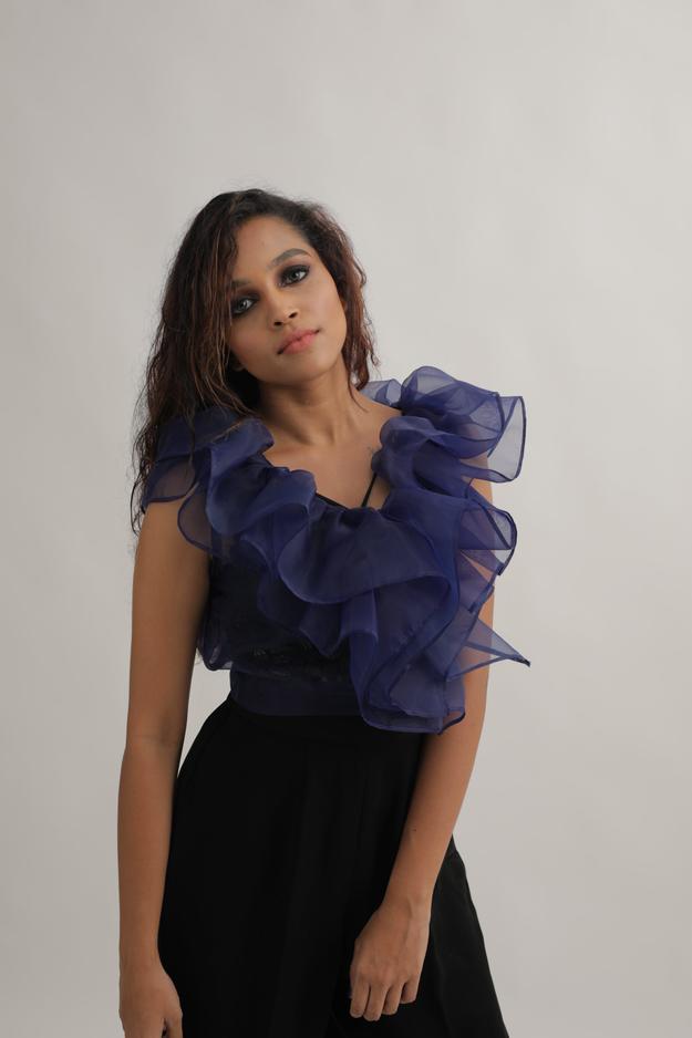 NAVY BLUE ORGANZA DRAMATIC RUFFLE TOP