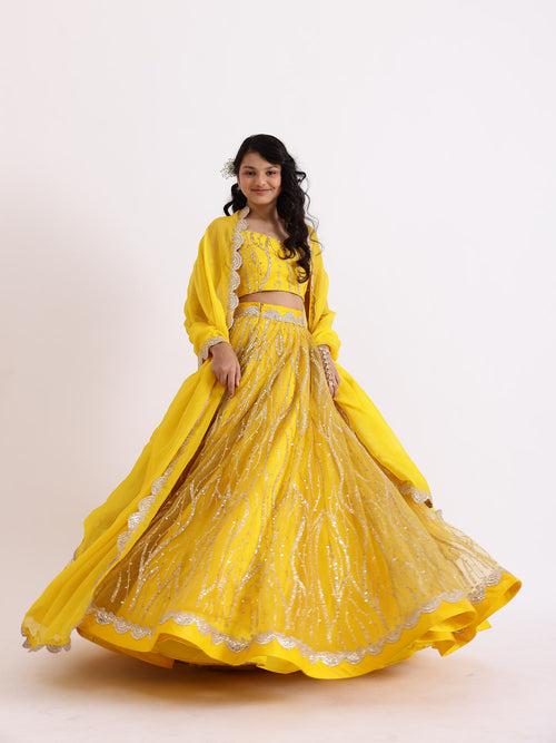 JANYAS CLOSET Embroidered Yellow Sequence Lehnga Skirt With Blouse