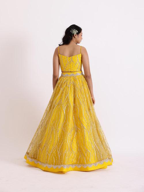 JANYAS CLOSET Embroidered Yellow Sequence Lehnga Skirt With Blouse