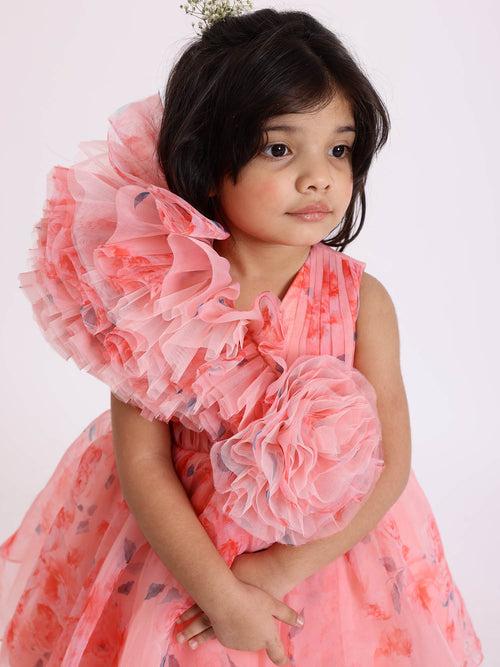 JANYAS CLOSET Peach Printed Party Draped Dress With Hair Accessory