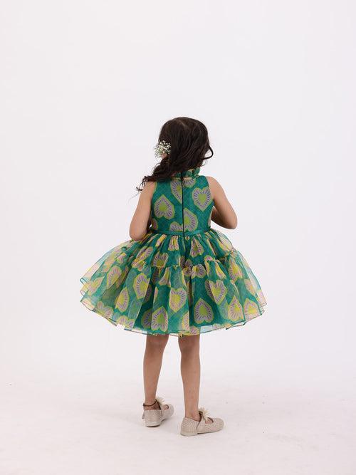 JANYAS CLOSET Green Printed Heart Party Dress With Hair Pin*