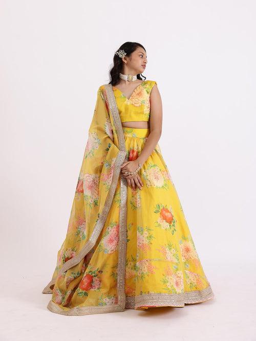 Sample Yellow Sabya Printed Lehenga Set With Top & Dupatta